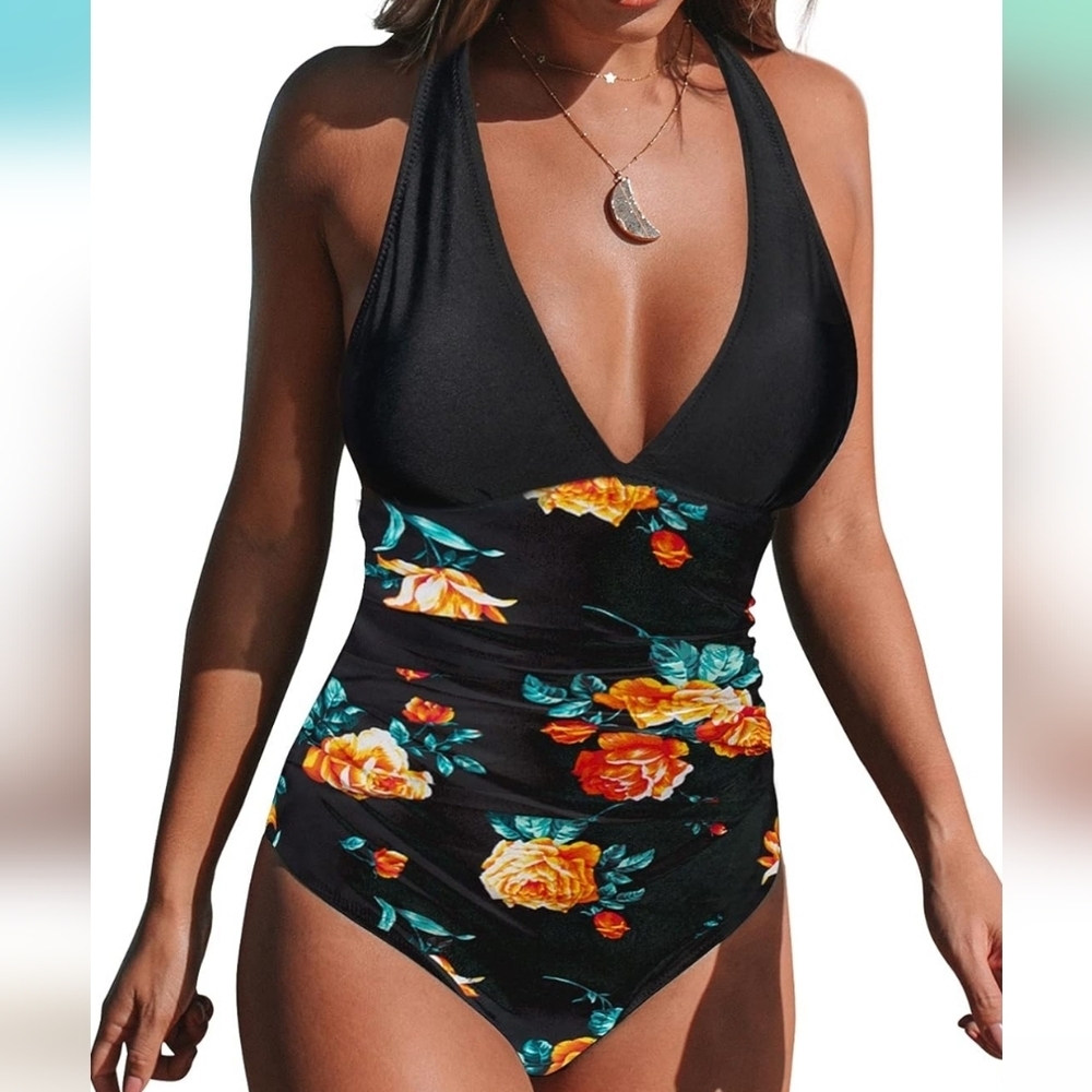One Piece V Neck Tummy Control‎ Cross Back Vintage style Swimsuit Sz M floral